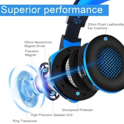 KLACK EUROPE Auriculares Gaming con LED y control de volumen para consola PS4, XBOX y PC Azul