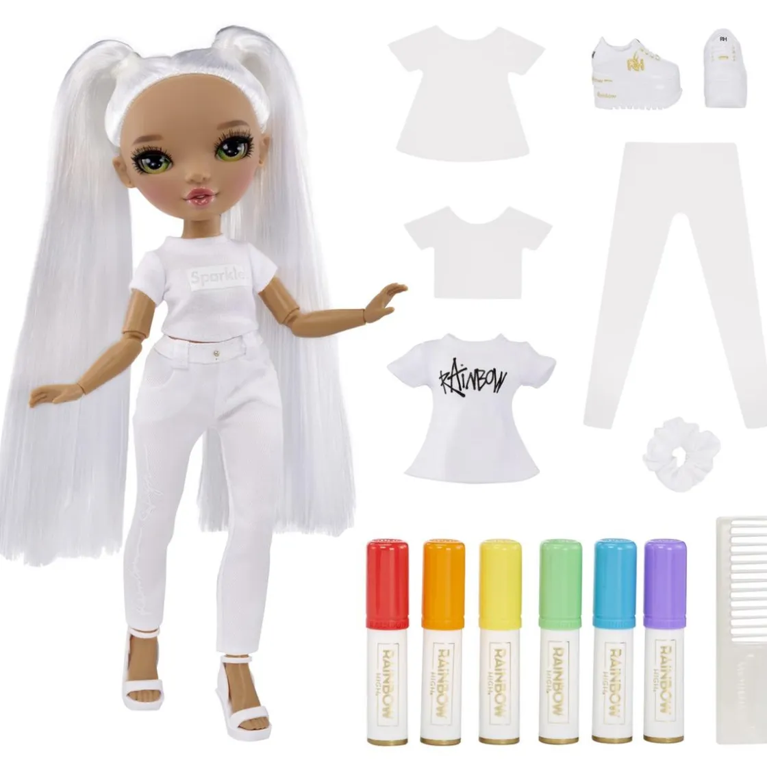 RAINBOW HIGH BABY born - Muñeca de moda Color & Create con ojos verdes y accesorios extra