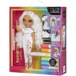 RAINBOW HIGH BABY born - Muñeca Fashion DIY colorear y crear - ojos morados, pelo rizado, top y zapatos extra, rotuladores arcoiris