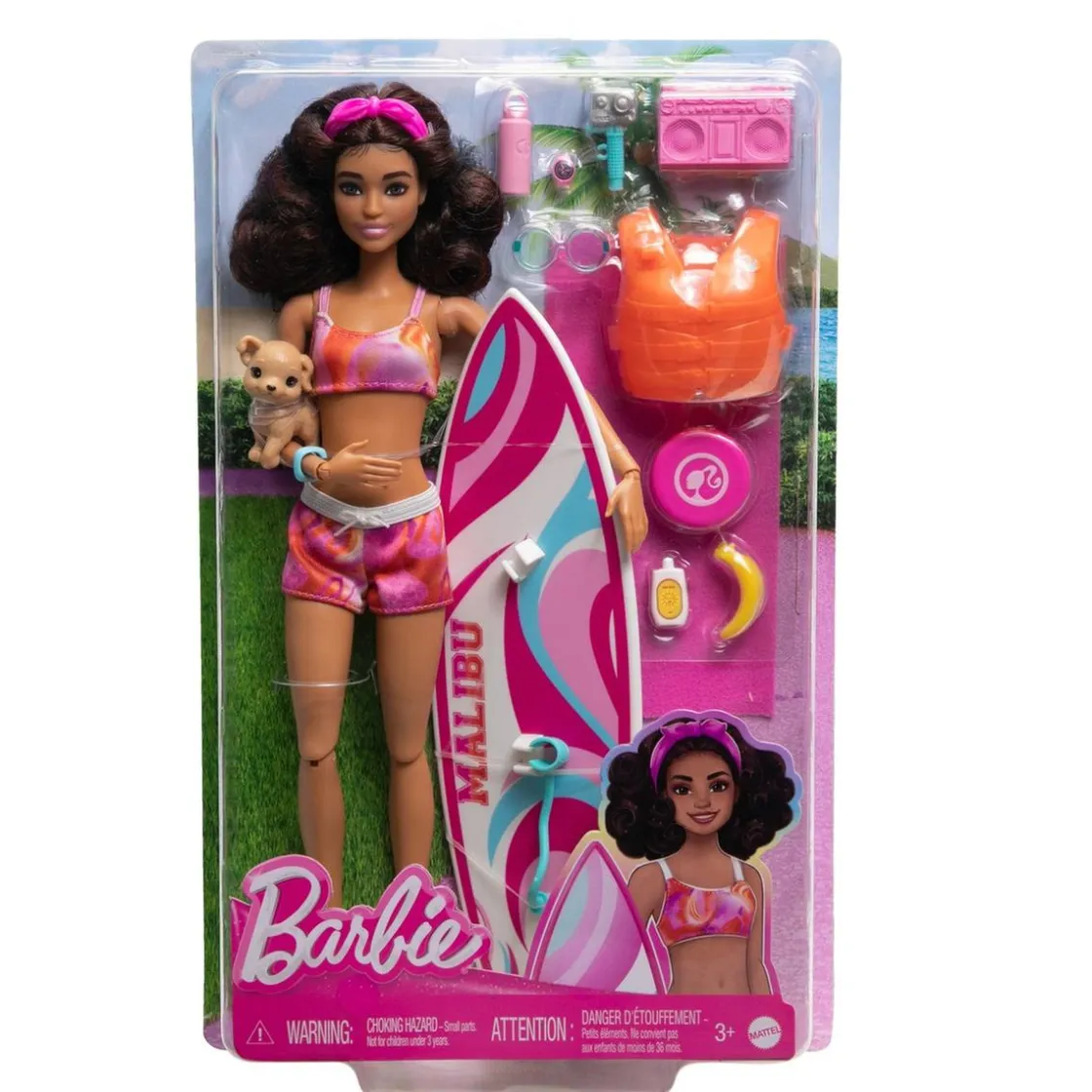MATTEL Barbie - Muñeca Barbie con tabla de surf y accesorios ㅤ* Muñecas