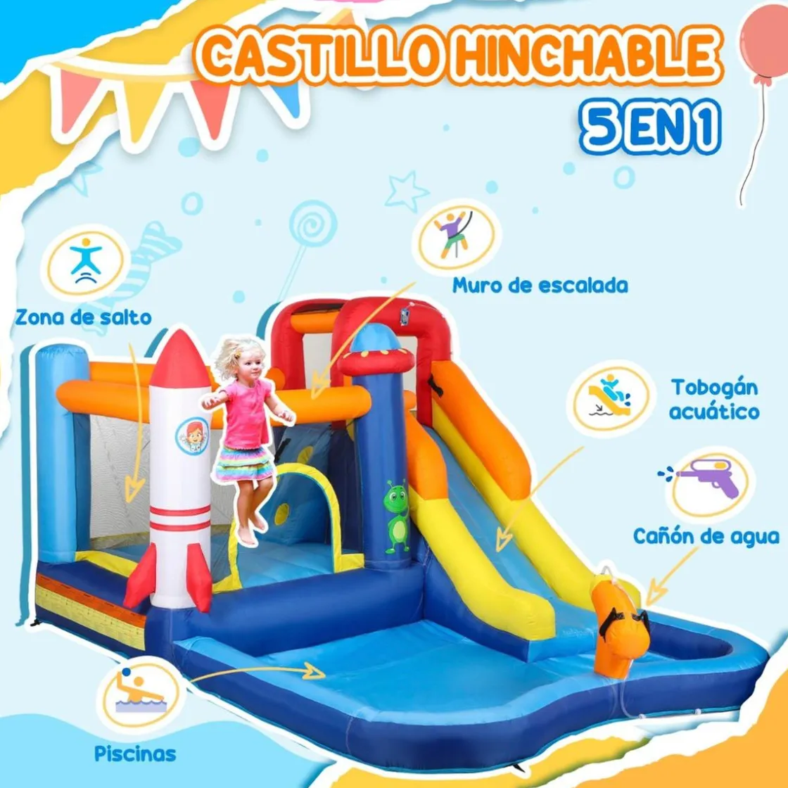 AIYAPLAY Castillo hinchable 5 en 1 con piscina y tobogán