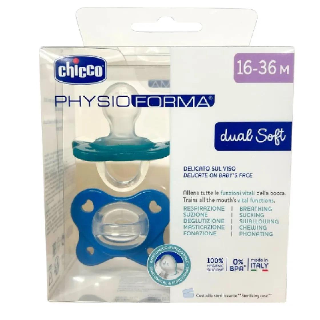 CHICCO - Pack 2 Chupetes Physio Dual Soft 16-36M - Azul
