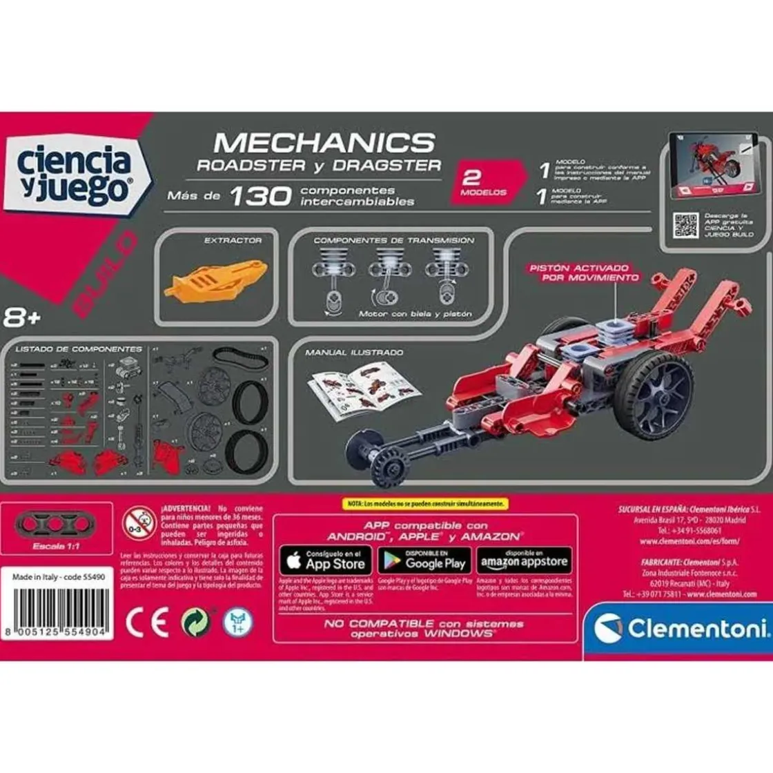 CLEMENTONI - Construcciones y coches de juguete, juego educativo de ciencias: Roadster y Dragster