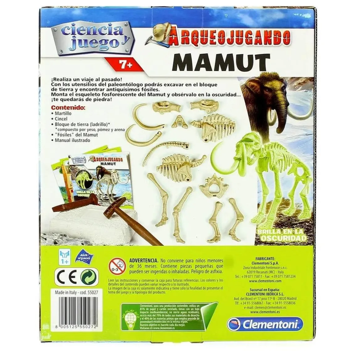 CLEMENTONI - Juego científico Arqueojugando Mamut fosforescente para excavar y montar dinosaurios ㅤ