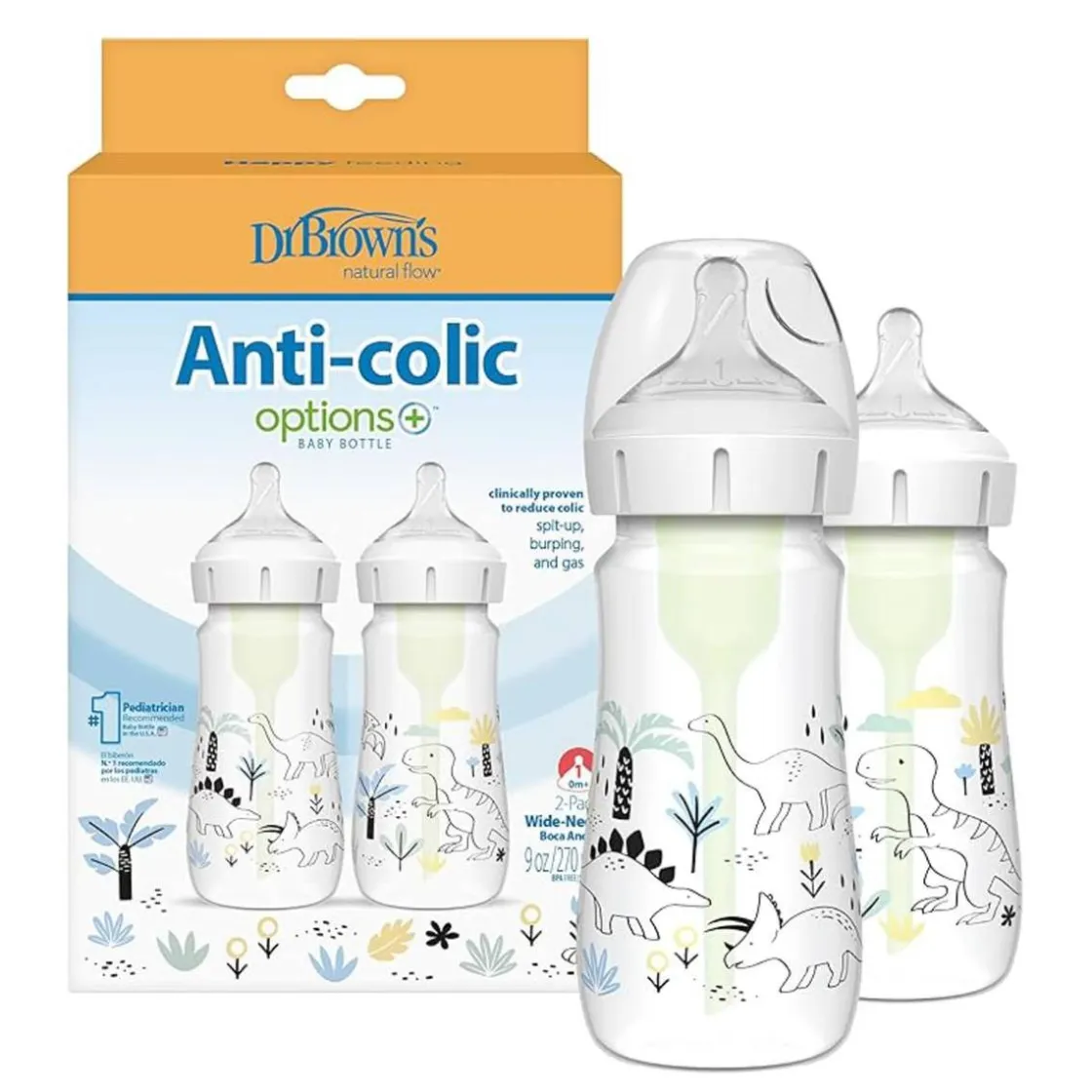 DR. BROWN'S - Pack 2 Biberones Options+ Boca Ancha 270ml - Dinosaurios