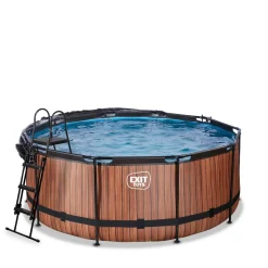 Exit Toys Exit - Piscina Wood efecto madera marrón diámetro 360 x 122 cm con filtro de arena, cúpula transparente y bomba de calor