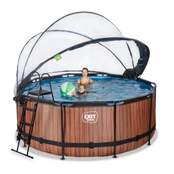 Exit Toys Exit - Piscina Wood efecto madera marrón diámetro 360 x 122 cm con filtro de arena, cúpula transparente y bomba de calor