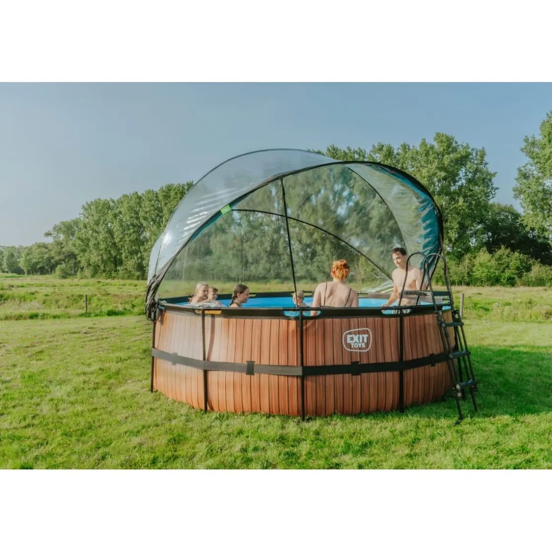 Exit Toys Exit - Piscina Wood efecto madera diámetro 427 x 122 cm con filtro de arena y cúpula