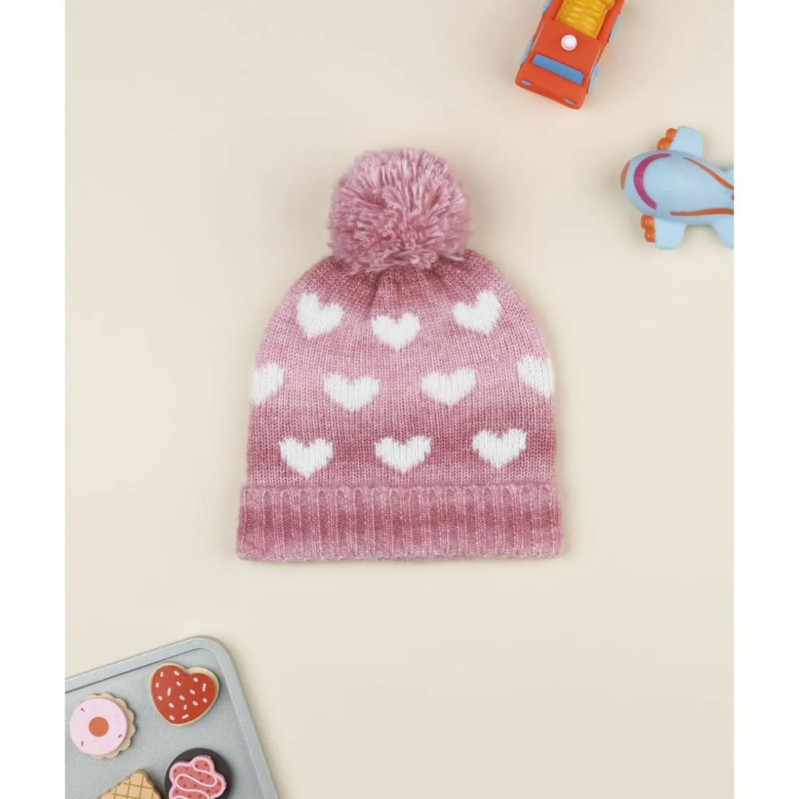 Prenatal Gorro rosa de niña en tricot con corazones
