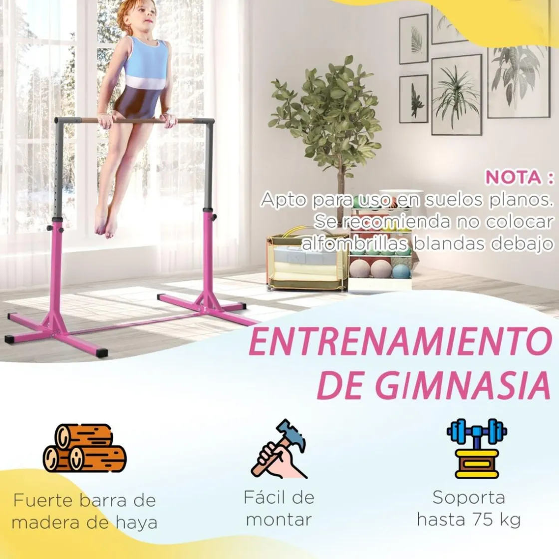 Homcom - Barra de gimnasia con altura ajustable Rosa* Deportes