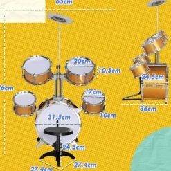 AIYAPLAY Homcom - Batería infantil 6 piezas con taburete Dorado* Música|Electrónicos
