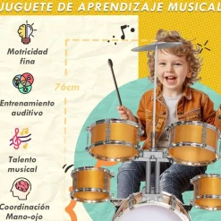 AIYAPLAY Homcom - Batería infantil 6 piezas con taburete Dorado* Música|Electrónicos