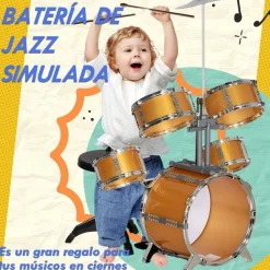 AIYAPLAY Homcom - Batería infantil 6 piezas con taburete Dorado* Música|Electrónicos