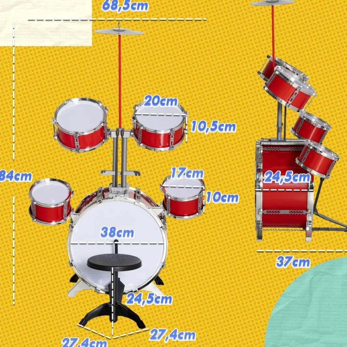 AIYAPLAY Homcom - Batería infantil 6 piezas con taburete Rojo