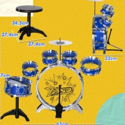 AIYAPLAY Homcom - Batería infantil 7 piezas con taburete Azul* Música|Electrónicos