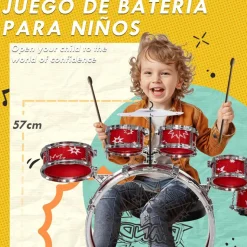 AIYAPLAY Homcom - Batería infantil 7 piezas con taburete Rojo* Música|Electrónicos