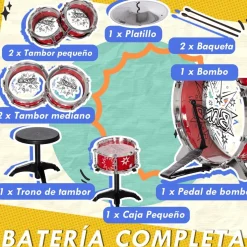 AIYAPLAY Homcom - Batería infantil 7 piezas con taburete Rojo* Música|Electrónicos