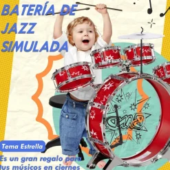 AIYAPLAY Homcom - Batería infantil 7 piezas con taburete Rojo* Música|Electrónicos
