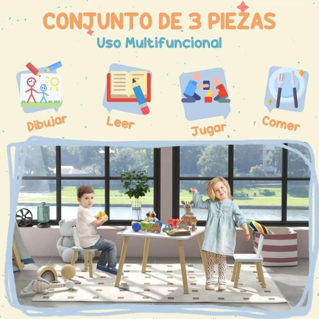 AIYAPLAY Homcom - Conjunto Mesa + 2 sillas Madera* Estilo De Vida