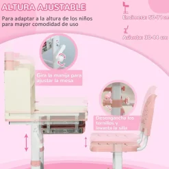 Homcom - Escritorio con estante y silla con altura ajustable Blanco y Rosa
