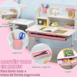 Homcom - Escritorio con estante y silla con altura ajustable Blanco y Rosa