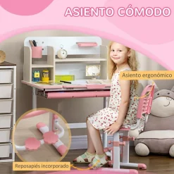 Homcom - Escritorio con estante y silla con altura ajustable Blanco y Rosa
