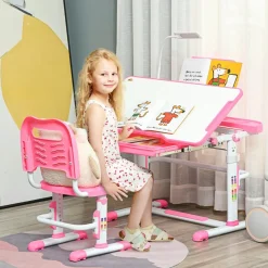 Homcom - Escritorio y silla ajustables Rosa