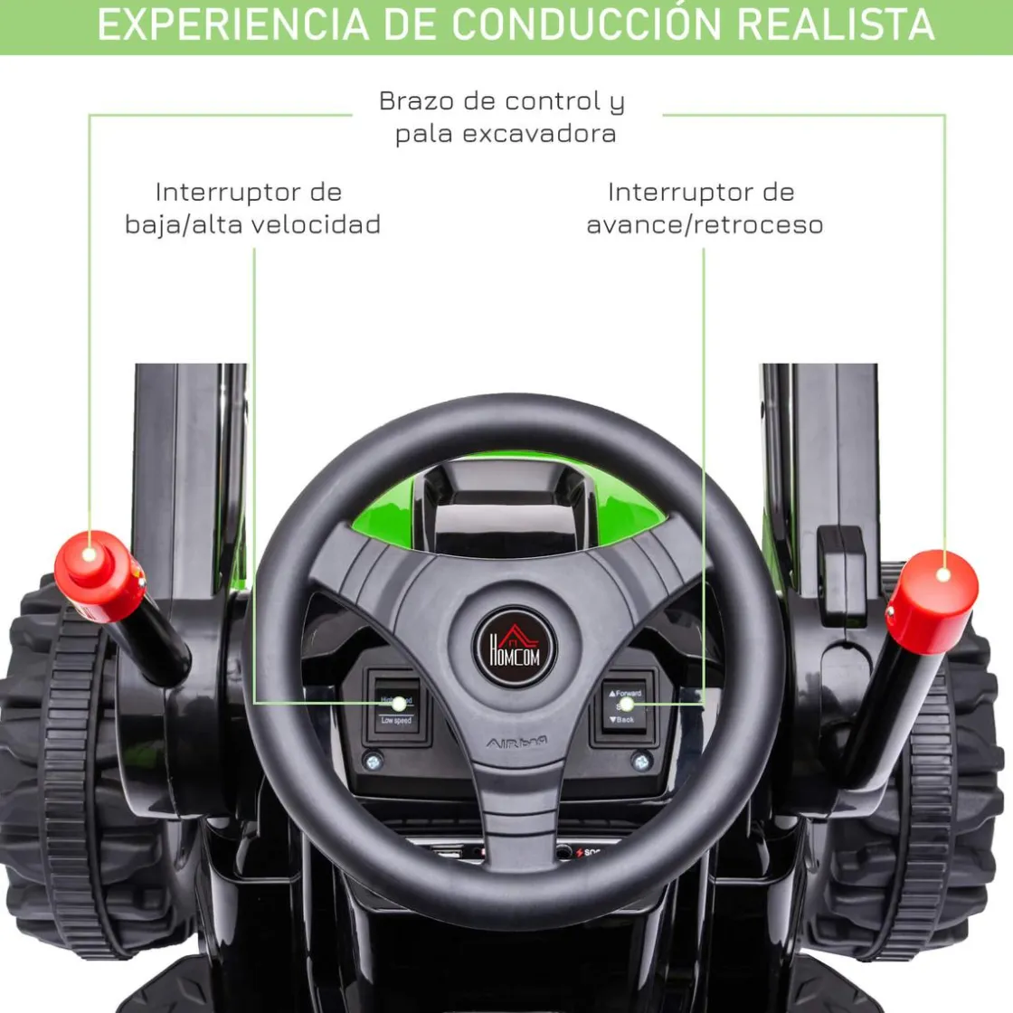 Homcom - Excavadora Tractor Vehículo de batería Verde* Vehículos De Batería O A Pedales