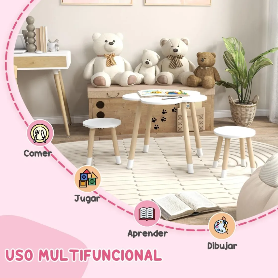 Homcom - Mesa Flor y bancos Blanco