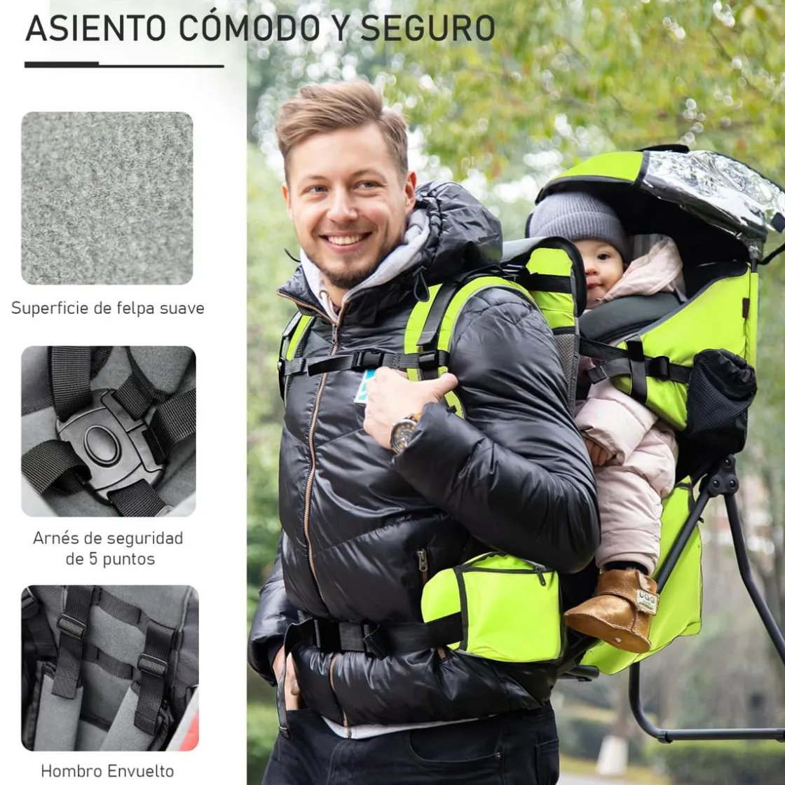 Homcom - Mochila porta-bebés verde 85 cm* Portabebés Y Bici·Portabebés Y Mochilas