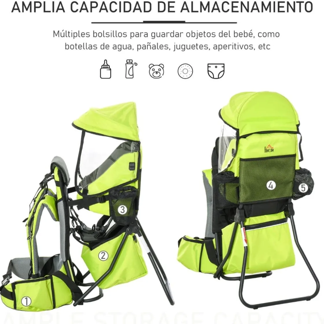 Homcom - Mochila porta-bebés verde 85 cm* Portabebés Y Bici·Portabebés Y Mochilas