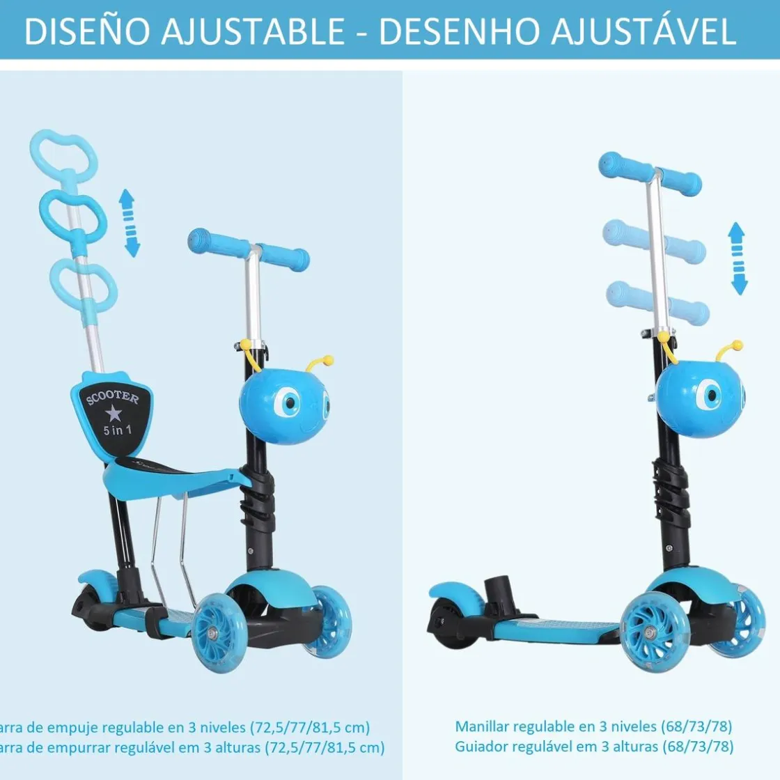 Homcom - Patinete evolutivo con asiento azul