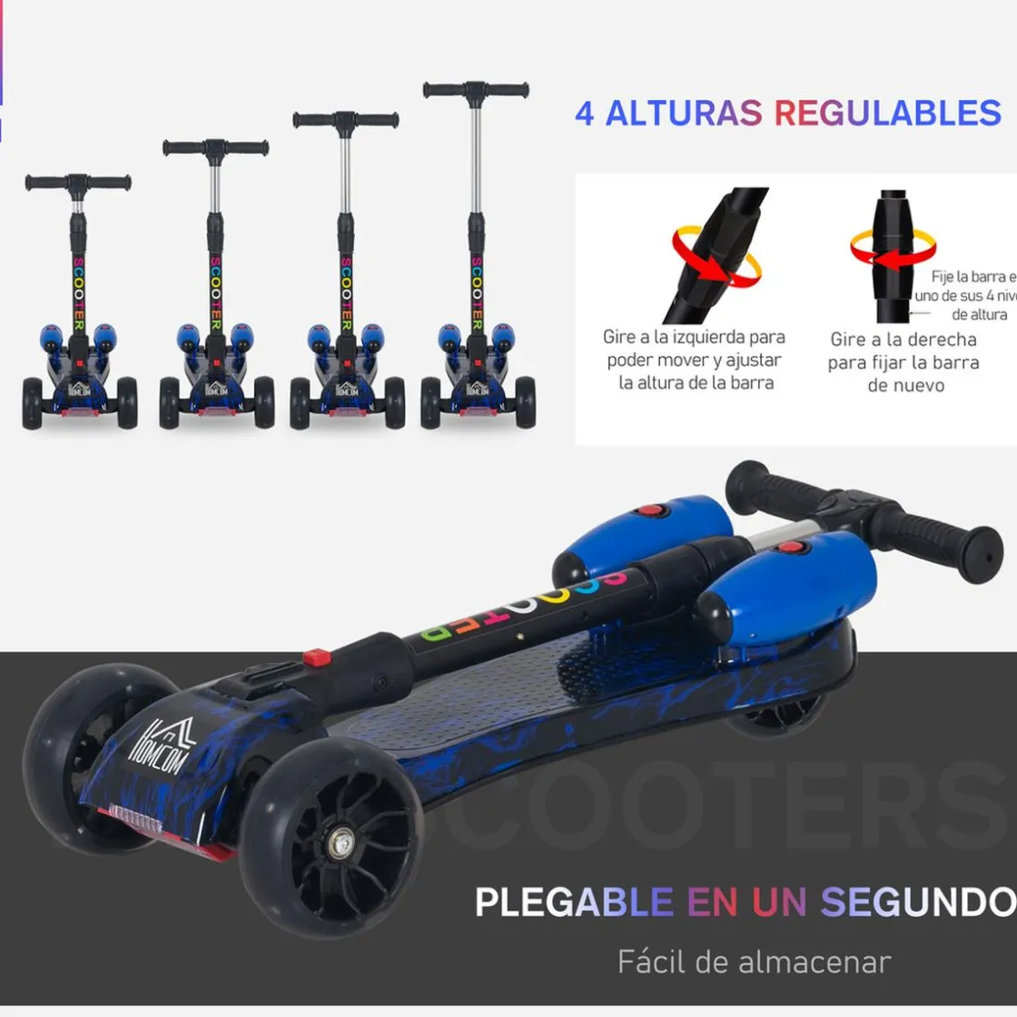 Homcom - Patinete scooter Azul con efectos de luz y sonido