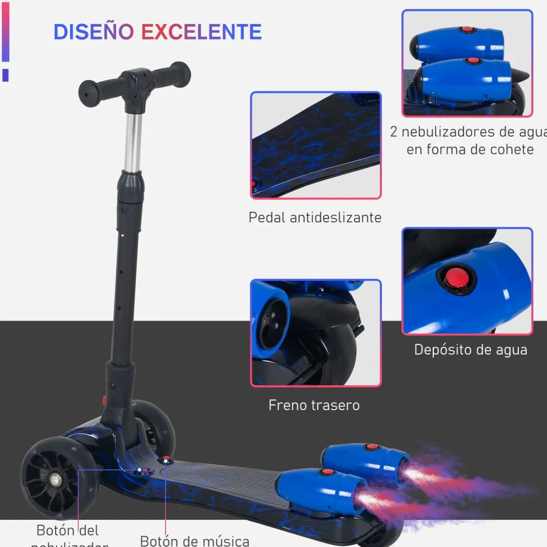 Homcom - Patinete scooter Azul con efectos de luz y sonido