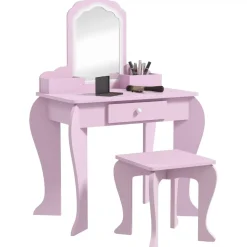 ZONEKIZ Homcom - Tocador infantil con espejo y taburete madera Rosa* Muñecas