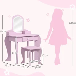 ZONEKIZ Homcom - Tocador infantil con espejo y taburete madera Rosa* Muñecas