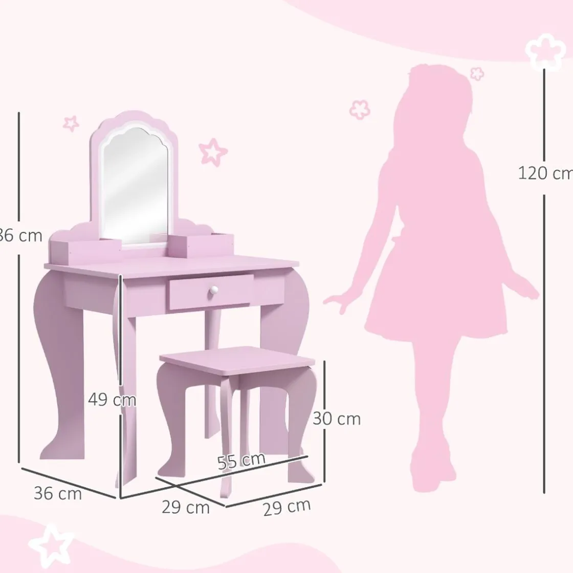 ZONEKIZ Homcom - Tocador infantil con espejo y taburete madera Rosa* Muñecas