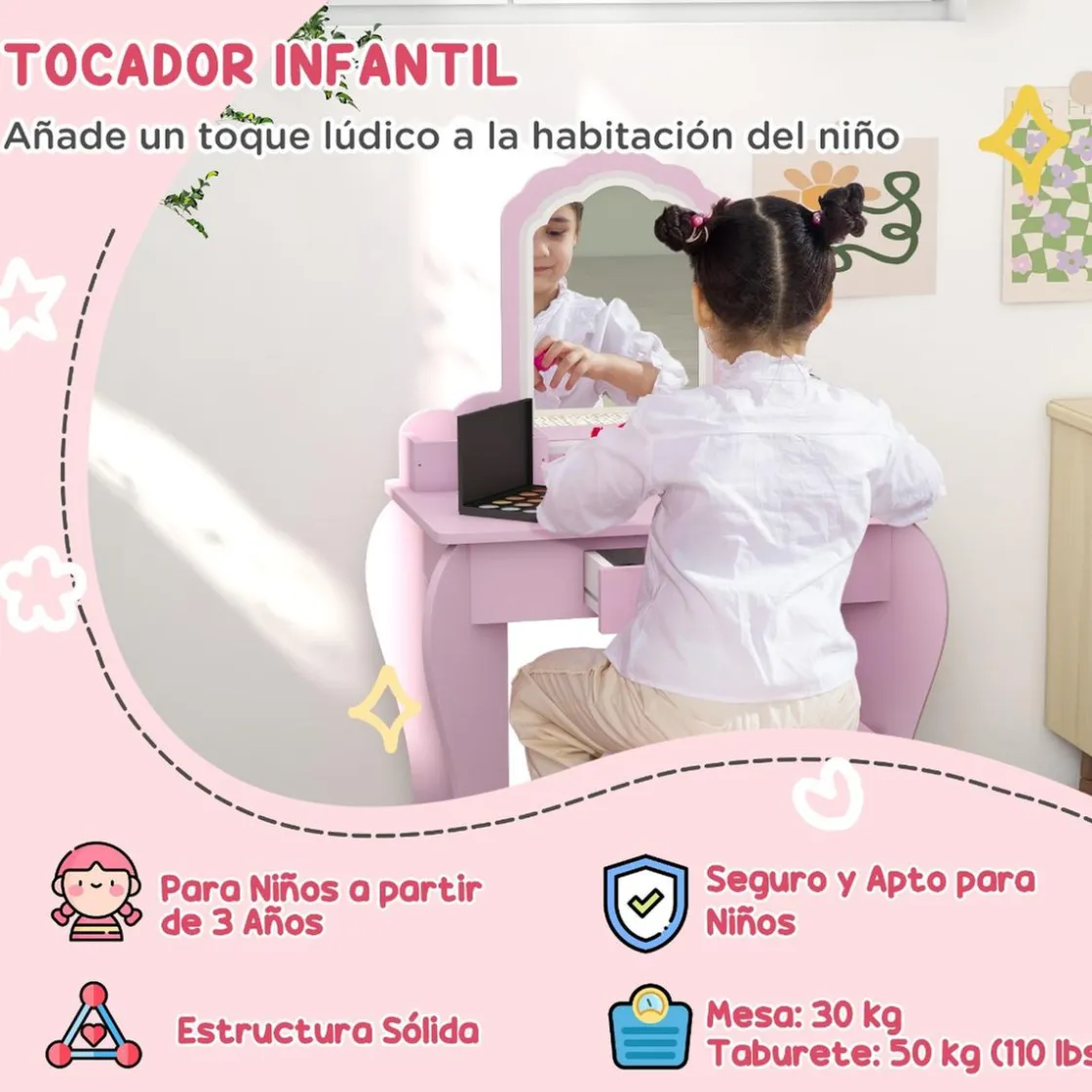 ZONEKIZ Homcom - Tocador infantil con espejo y taburete madera Rosa* Muñecas