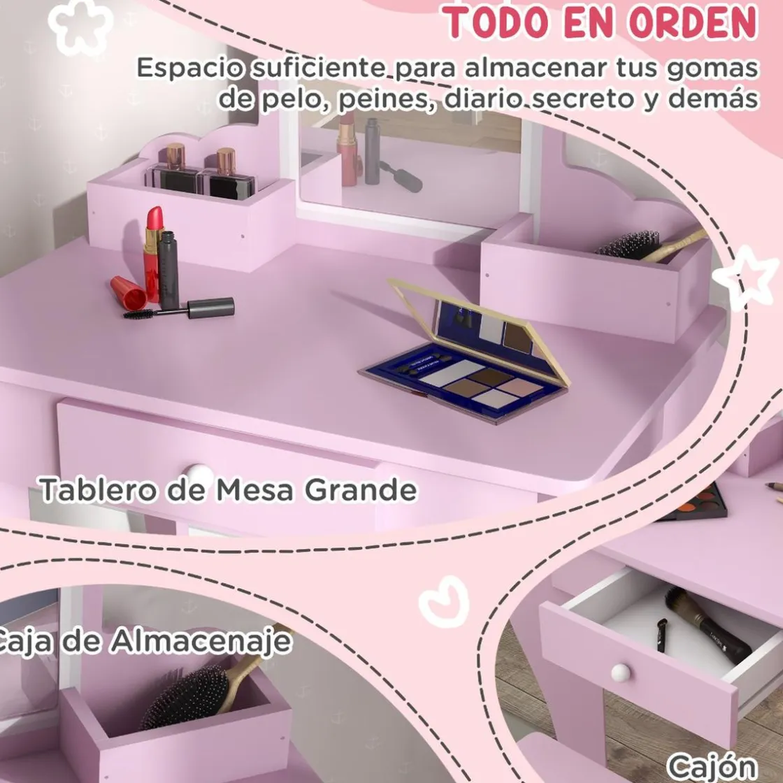 ZONEKIZ Homcom - Tocador infantil con espejo y taburete madera Rosa* Muñecas