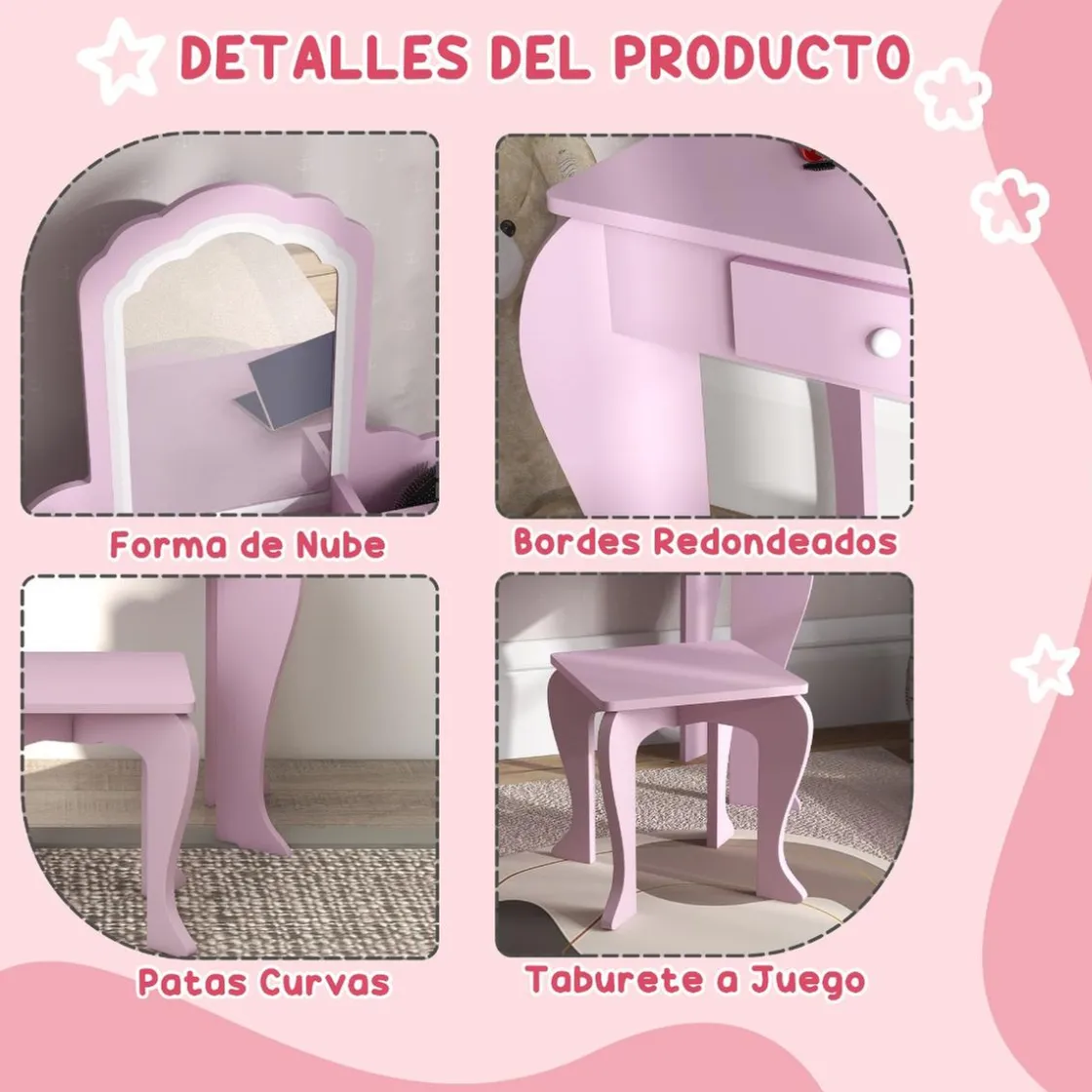 ZONEKIZ Homcom - Tocador infantil con espejo y taburete madera Rosa* Muñecas