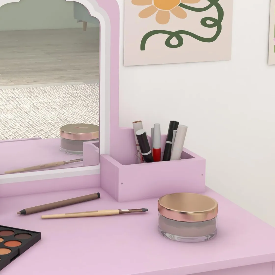 ZONEKIZ Homcom - Tocador infantil con espejo y taburete madera Rosa* Muñecas