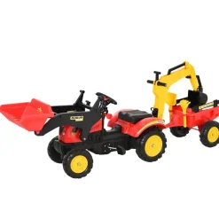 Homcom - Tractor excavadora a pedales con remolque rojo