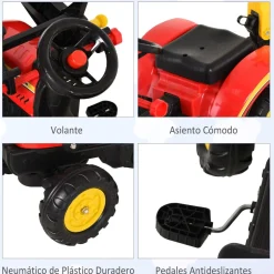 Homcom - Tractor excavadora a pedales con remolque rojo