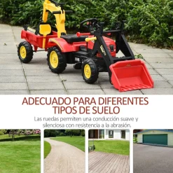 Homcom - Tractor excavadora a pedales con remolque rojo