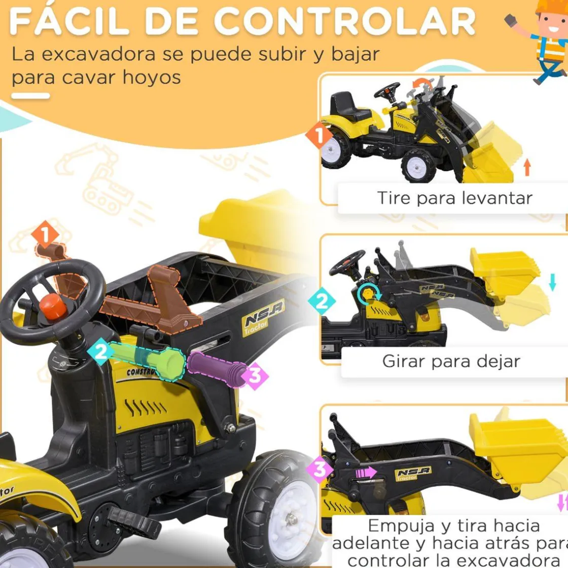 Homcom - Tractor excavadora a pedales amarillo