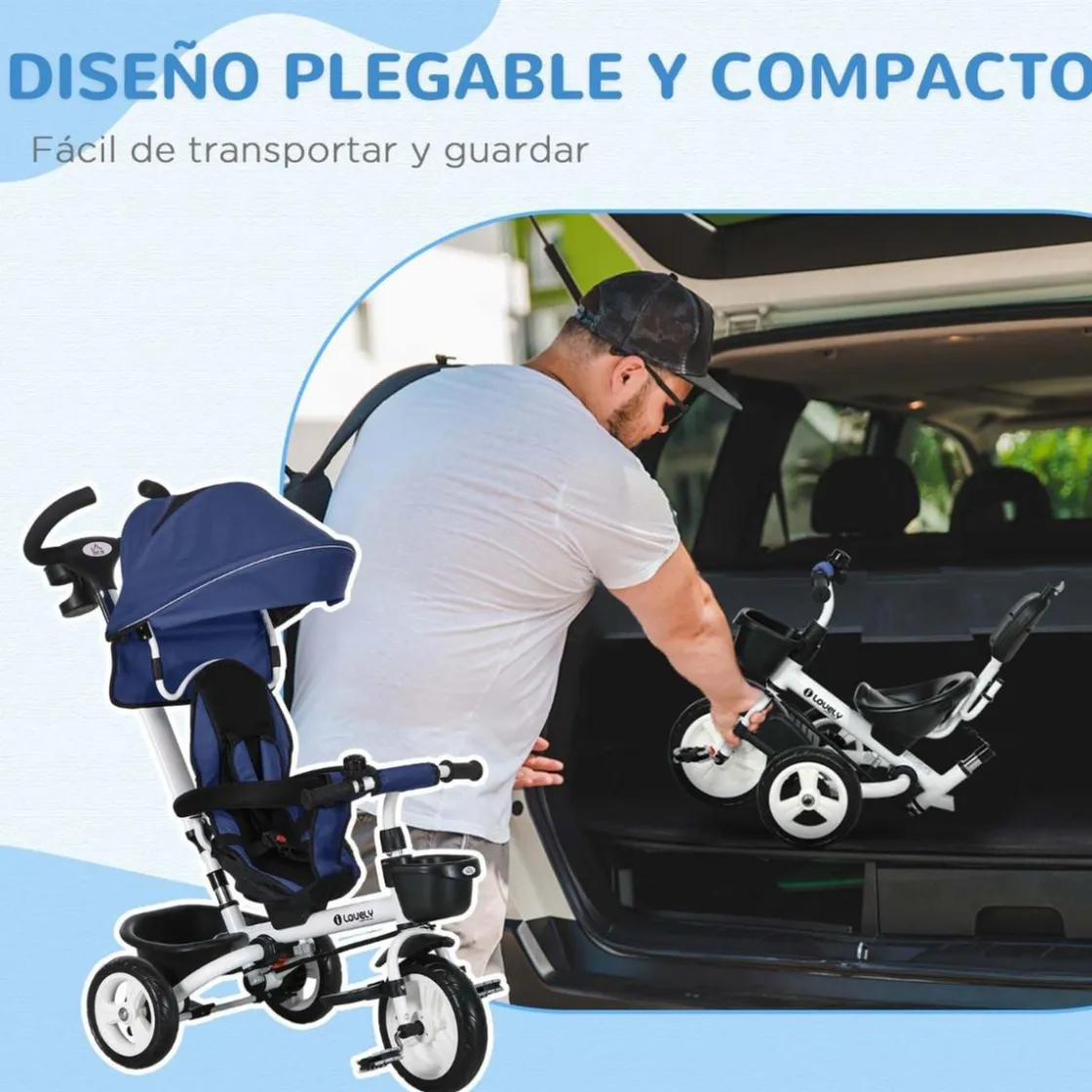 Homcom - Triciclo Evolutivo con Capota Reflectante - Azul* Motos Y Triciclos