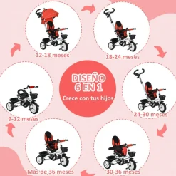 Homcom - Triciclo Evolutivo con capota Reflectante - Rojo