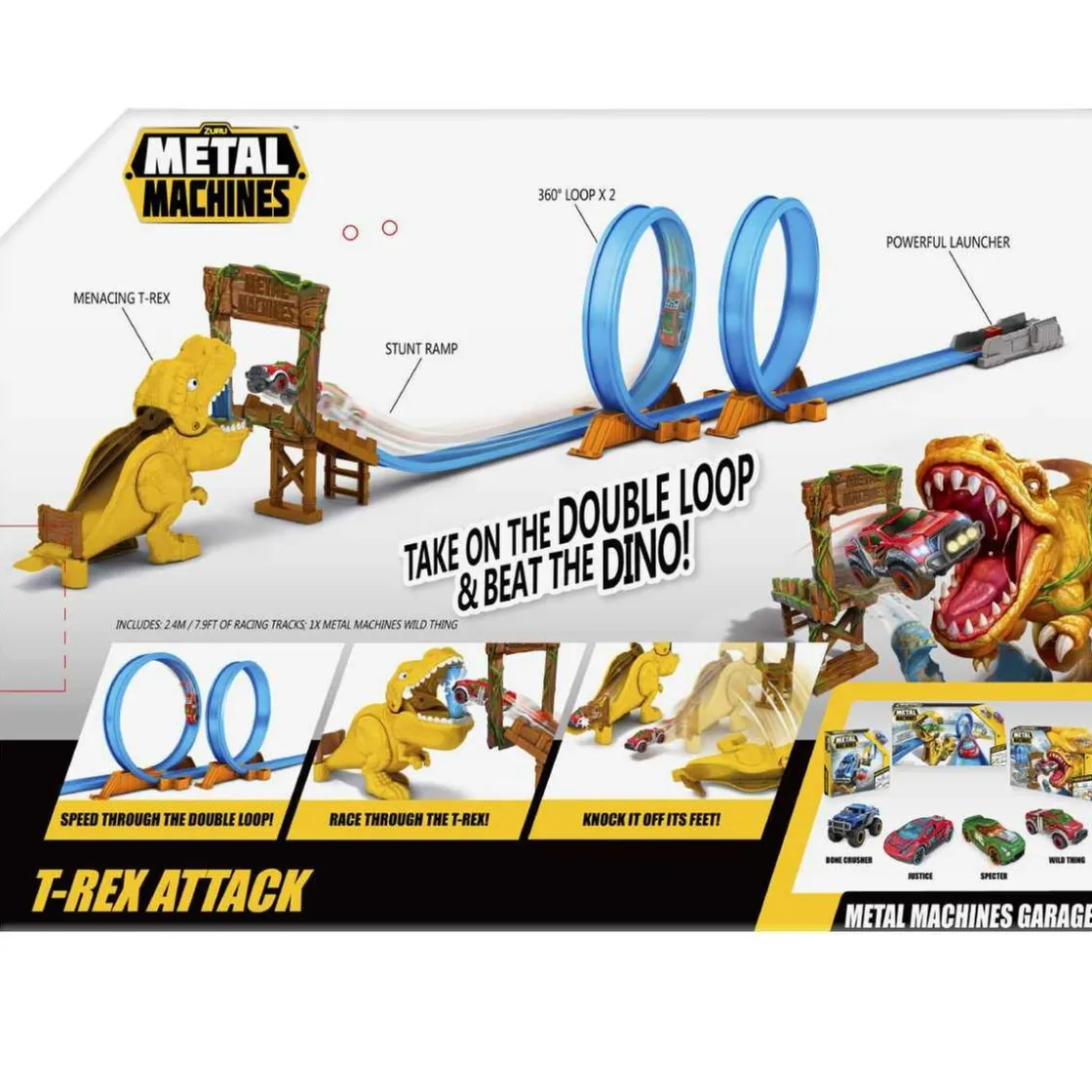 ZURU Metal Machines - Circuito con doble loop y T-Rex