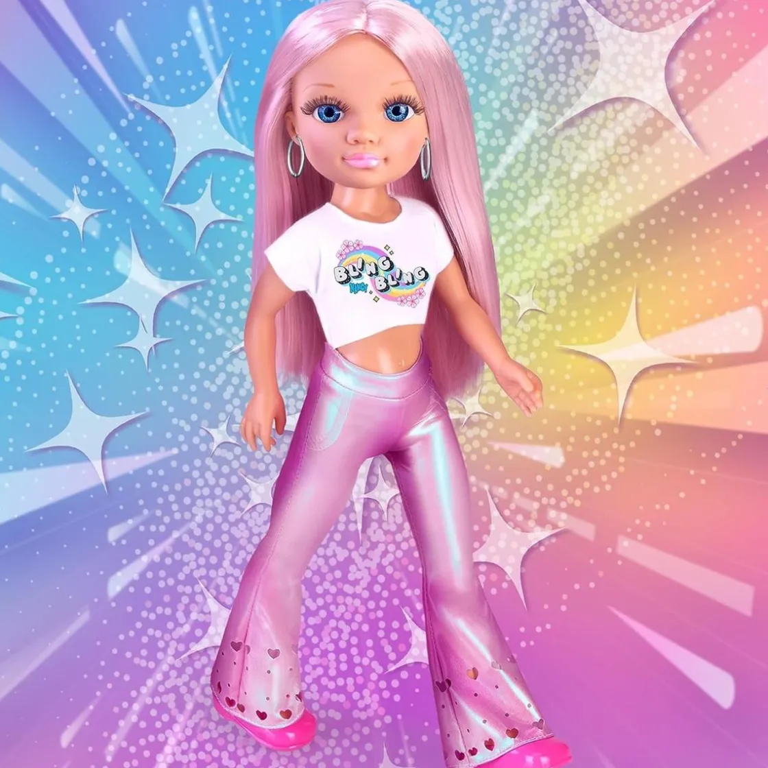 NANCY - Muñeca con pelo rosa, juego para peinar y decorar, máquina de gemas y accesorios ㅤ