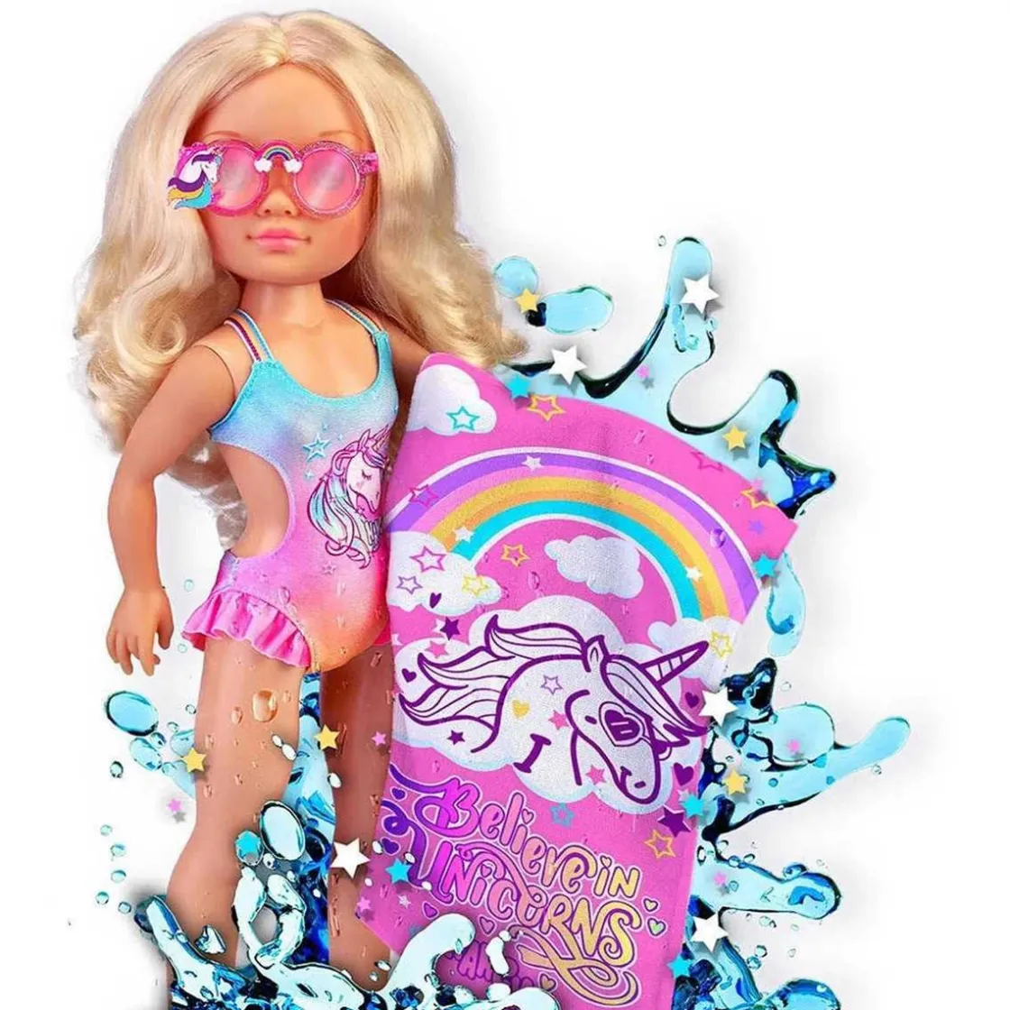 NANCY - Muñeca con toalla mágica, pelo rubio largo, accesorios veraniegos y unicornio